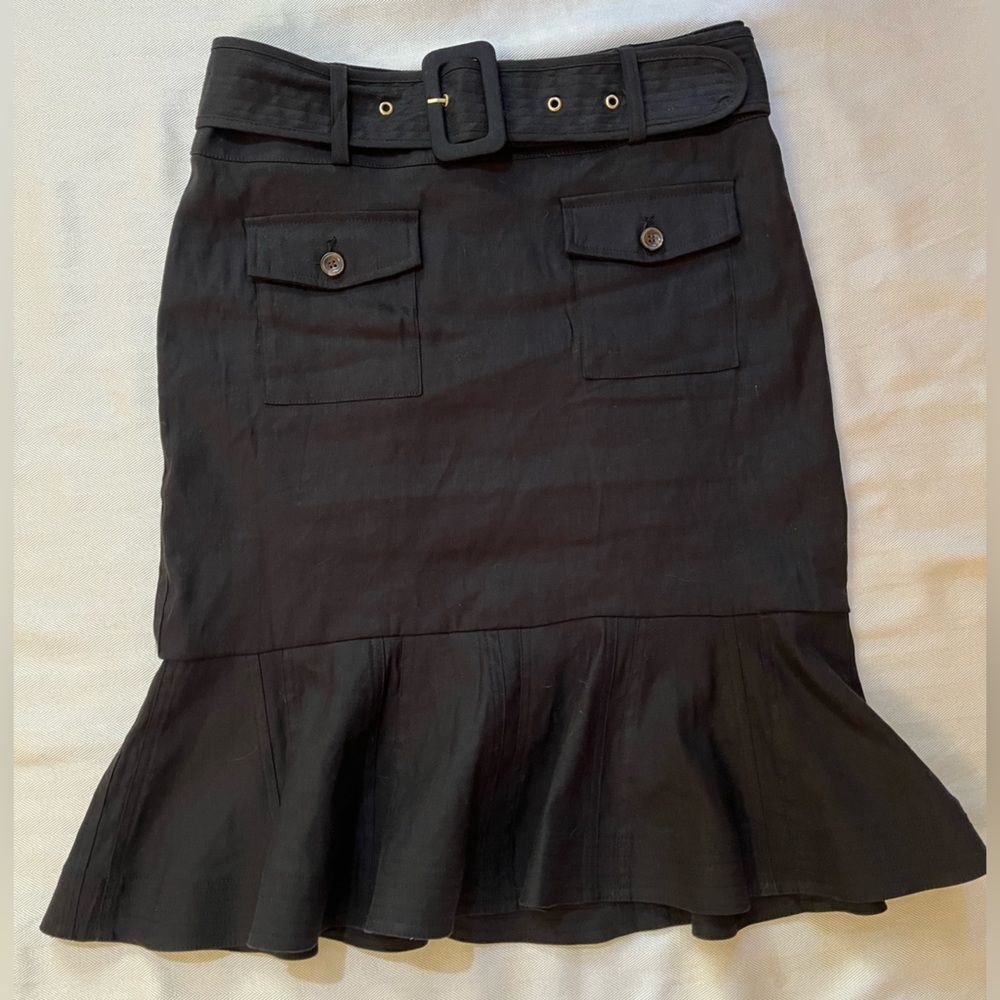 Calvin Klein Black linen midi belted skirt size 2.  Ruffle hemline A line skirt.